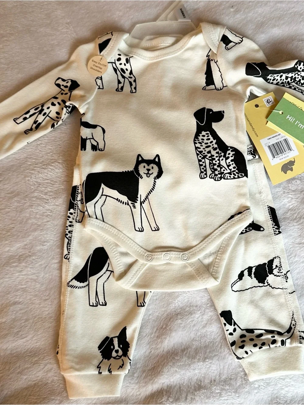 M+A Organic Cream & Black Puppy Print Kids Matching Set